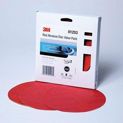 3M™ 01253 316U Series Abrasive Disc Value Pack, 6 in Dia, P220 Grit, PSA, Red