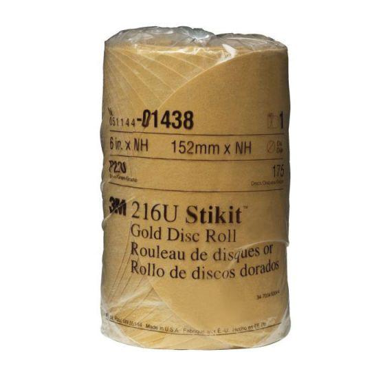 3M™ 01438 216U Series Abrasive Disc Roll, 6 in Dia, P220 Grit, PSA, Gold