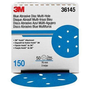 3M™ 36145 321U Series Multi-Hole Abrasive Disc, 3 in Dia, 150 Grit, Hook and Loop, Blue