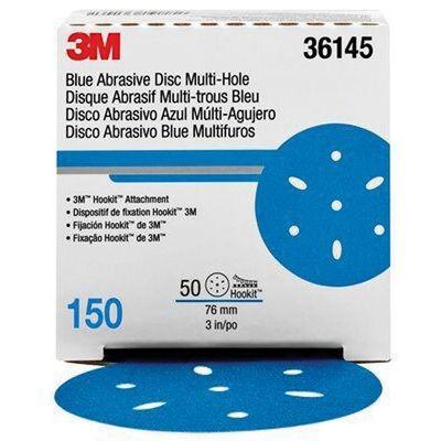 3M™ 36145 321U Series Multi-Hole Abrasive Disc, 3 in Dia, 150 Grit, Hook and Loop, Blue