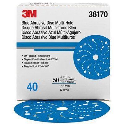3M™ 36170 321U Series Multi-Hole Abrasive Disc, 6 in Dia, 40 Grit, Hook and Loop, Blue