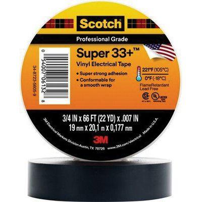 Scotch® Super 33+™ 06132 Premium Grade Electrical Tape, 66 ft x 3/4 in, 7 mil THK, Black